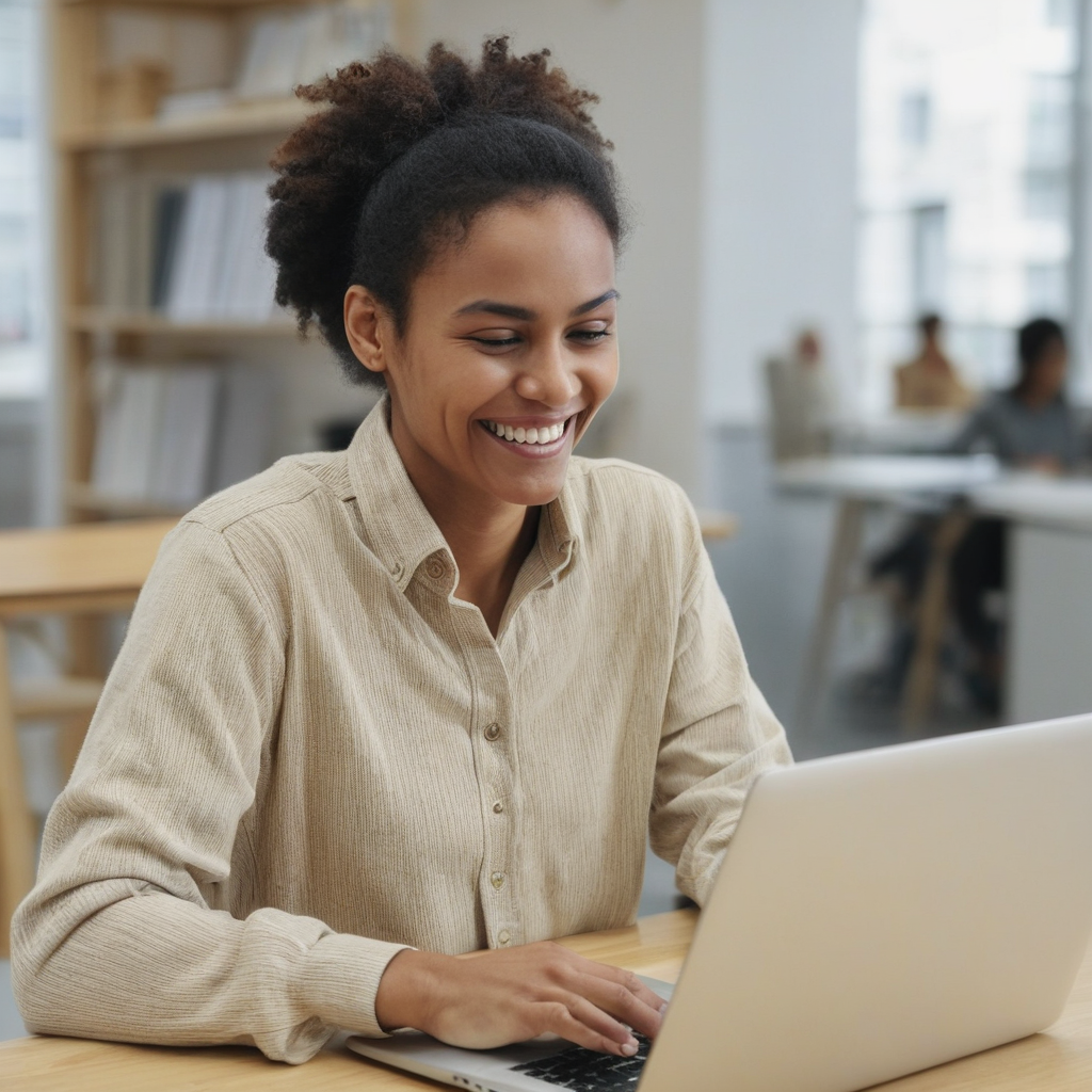Happy customer using laptop in bright office