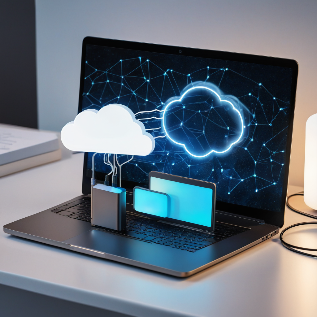 Laptop, SSD, and cloud server connected by data streams