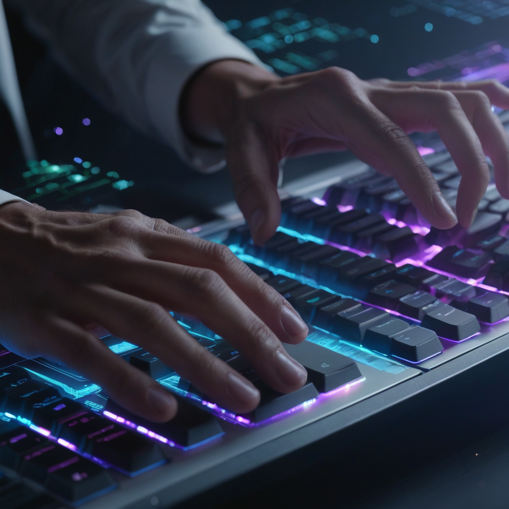Hands typing with holographic data visualization