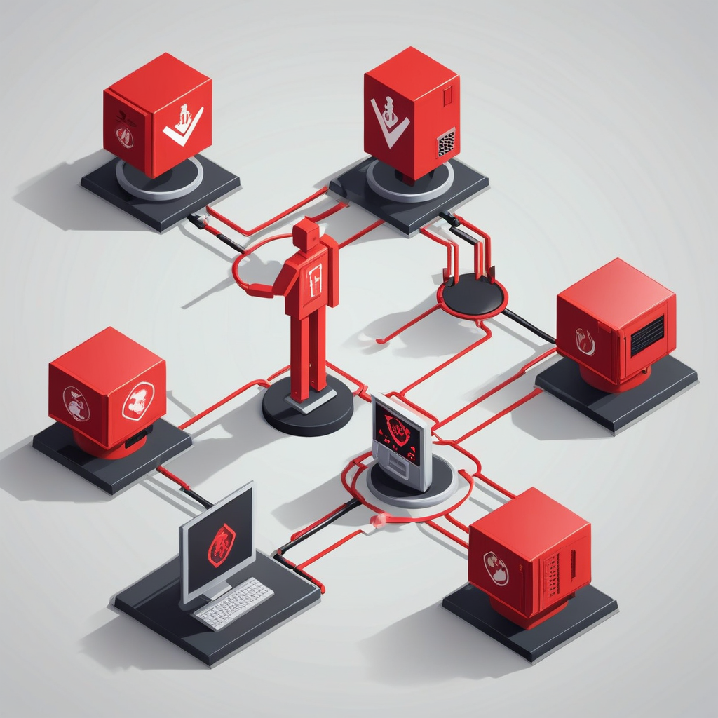 3D visualization of vulnerable server ports with red warning flags