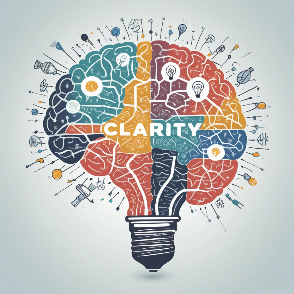 Abstract illustration of a brain connecting to a lightbulb with clarity and context keywords.