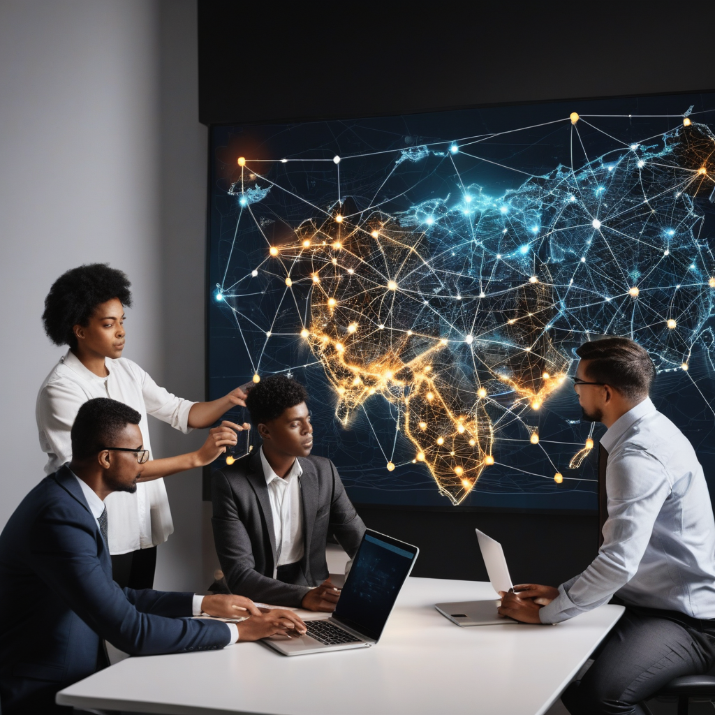 IT team analyzing network security data on a map