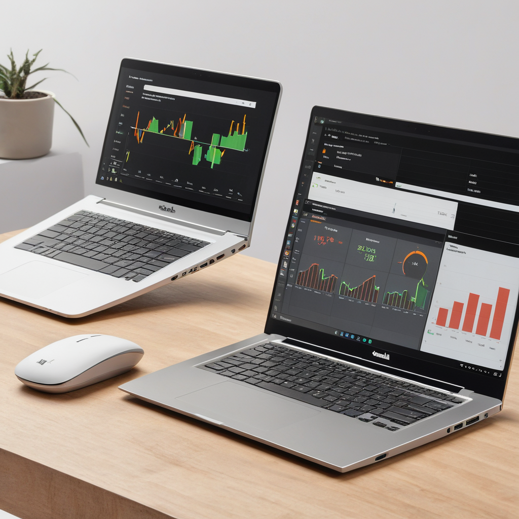 Three budget laptops displayed with performance comparison charts