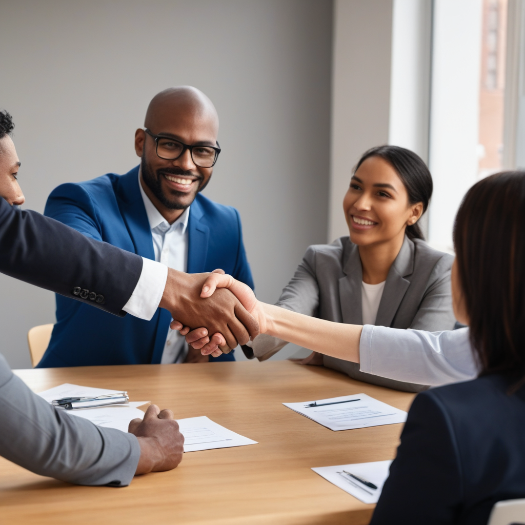 Diverse group of job candidates meeting with a recruiter in a modern office.