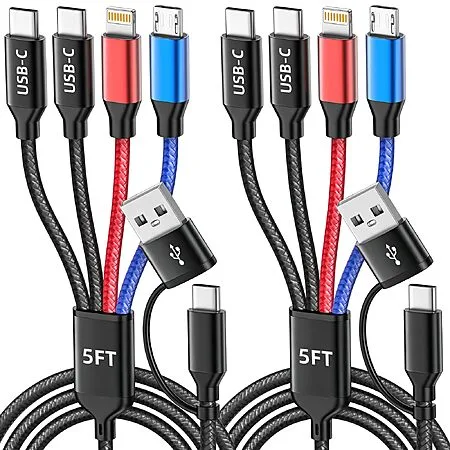 2-Pk 5' MPATIBY 2x USB-C, 1x Lightning + 1x Micro USB to USB-C + A Adapter Cables $7.50