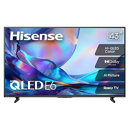 Hisense 43" Class E6SR Series Hi-QLED 4K UHD Smart Roku TV (43E6SR, 2026 Model) - Dolby Vision, Game Mode Plus, VRR, ALLM, DTS Virtual:X, Apple AirPlay $227.99