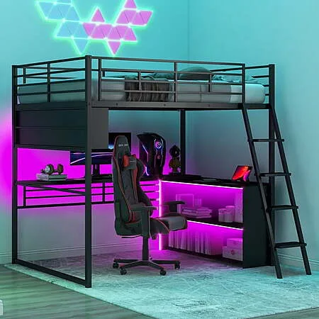 Euroco Full Size Metal Loft Gaming Bed w/ Desk & LED Light (Black) $160.00 + Free Shipping