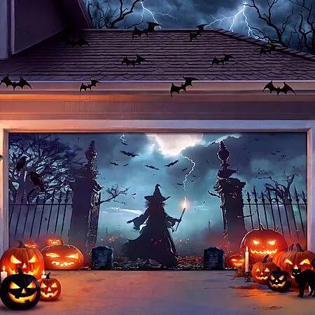 7 x 16' Brightown Halloween 2-Car Garage Door Cover $9