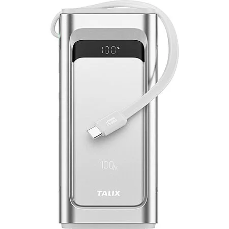 TALIX 100W 10,000mAh Portable Charger Power Bank w/ Built-In USB-C Cable, 3 Ports & Digital Display (Silver) $17.49 + Free Shipping w/ Prime or on $35+