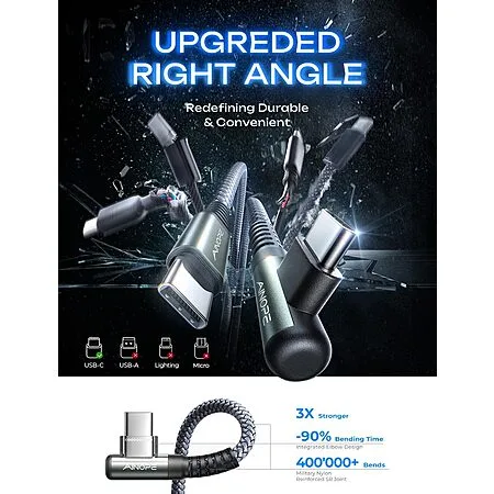 2-Pk 6.6' Ainope 60W USB-C Right Angle Braided Charging Cables $5