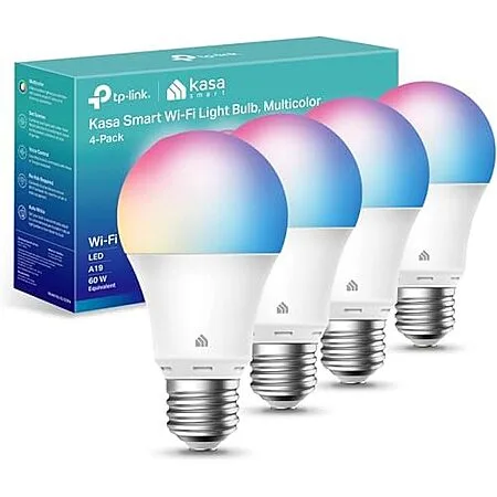 [Resale] $13.60 | 4-Pack Kasa Multicolor Dimmable Wi-Fi Smart Bulb, A19, KL125P4 (Used - Like New) at Amazon
