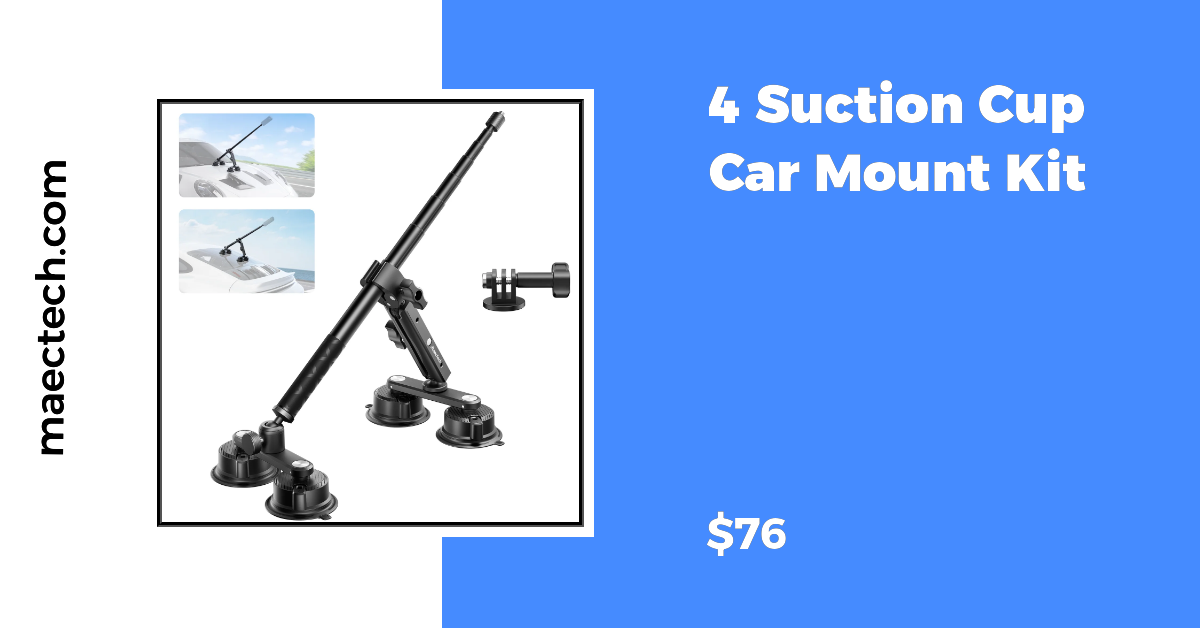 Maectech Four Suction Cup Car Mount: Double-Layer Grip for Action Cameras Up to 65 MPH