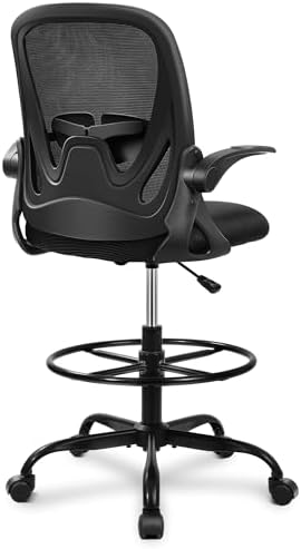 Primy Drafting Chair Tall Office Chair with Flip-up Armrests Executive Ergonomic Computer Standing Desk Chair with Lumbar Support and Adjustable Footrest Ring (Black): A Budget Friendly Tall Chair That Works